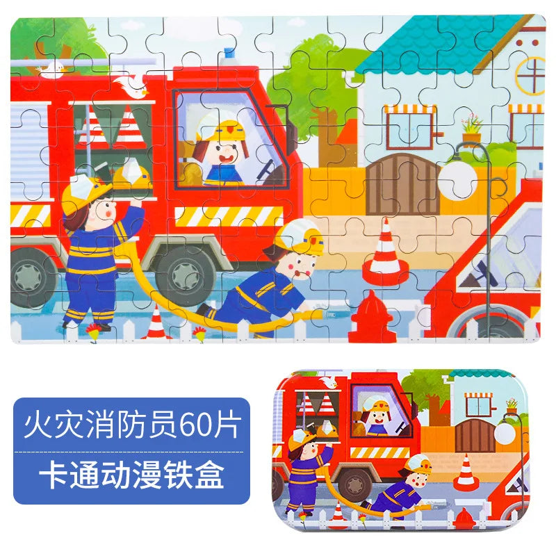 60 PCS Wooden Educational Puzzle Set – Cartoon Animals & Vehicles for Kids