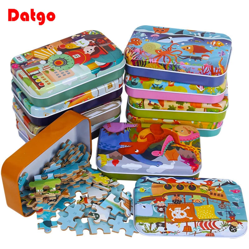 60 PCS Wooden Educational Puzzle Set – Cartoon Animals & Vehicles for Kids