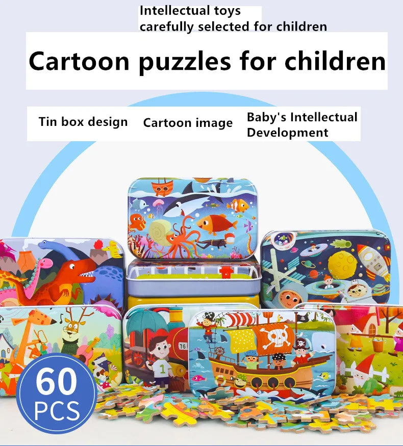60 PCS Wooden Educational Puzzle Set – Cartoon Animals & Vehicles for Kids