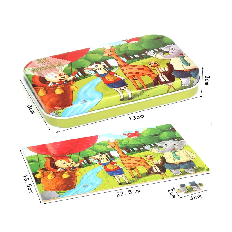 60 PCS Wooden Educational Puzzle Set – Cartoon Animals & Vehicles for Kids