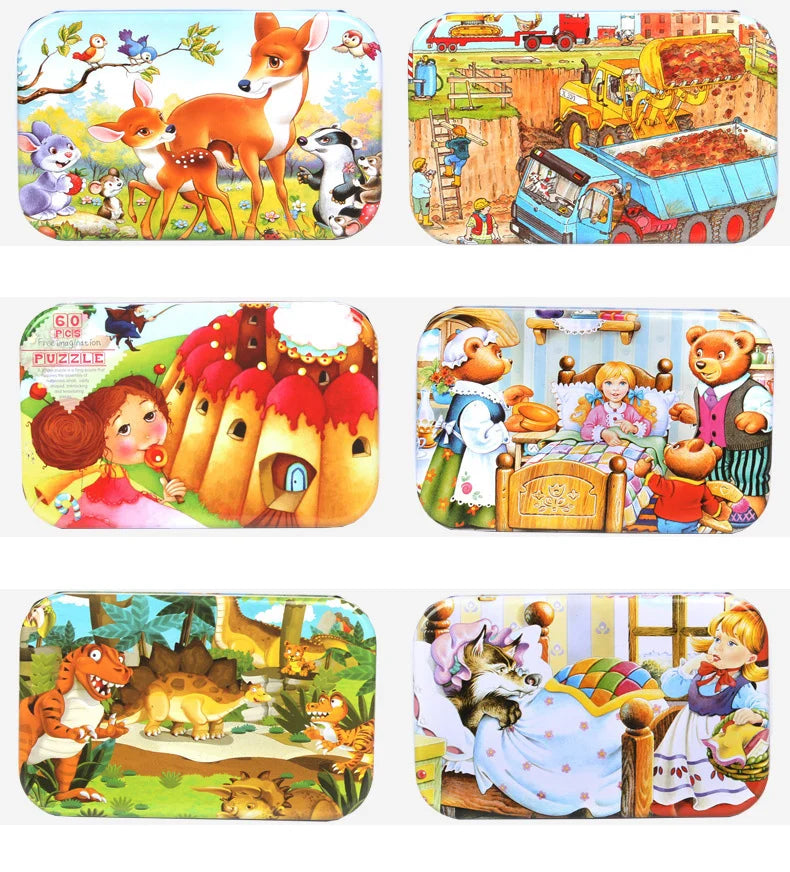 60 PCS Wooden Educational Puzzle Set – Cartoon Animals & Vehicles for Kids