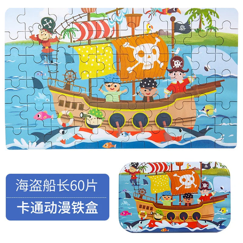 60 PCS Wooden Educational Puzzle Set – Cartoon Animals & Vehicles for Kids