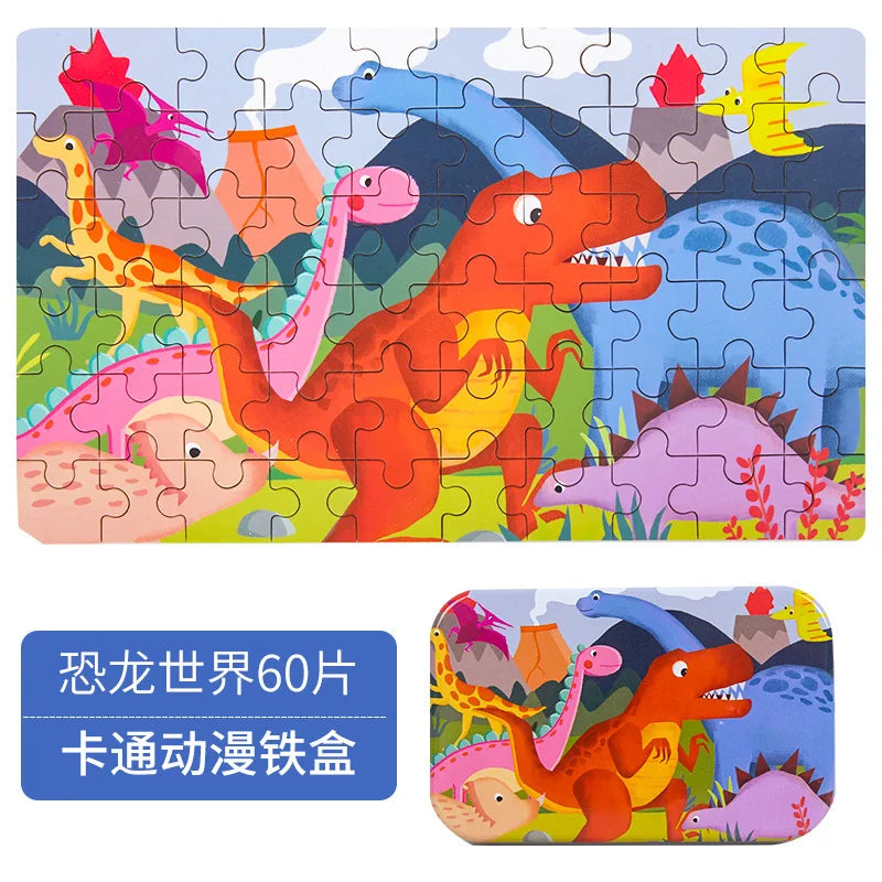 60 PCS Wooden Educational Puzzle Set – Cartoon Animals & Vehicles for Kids