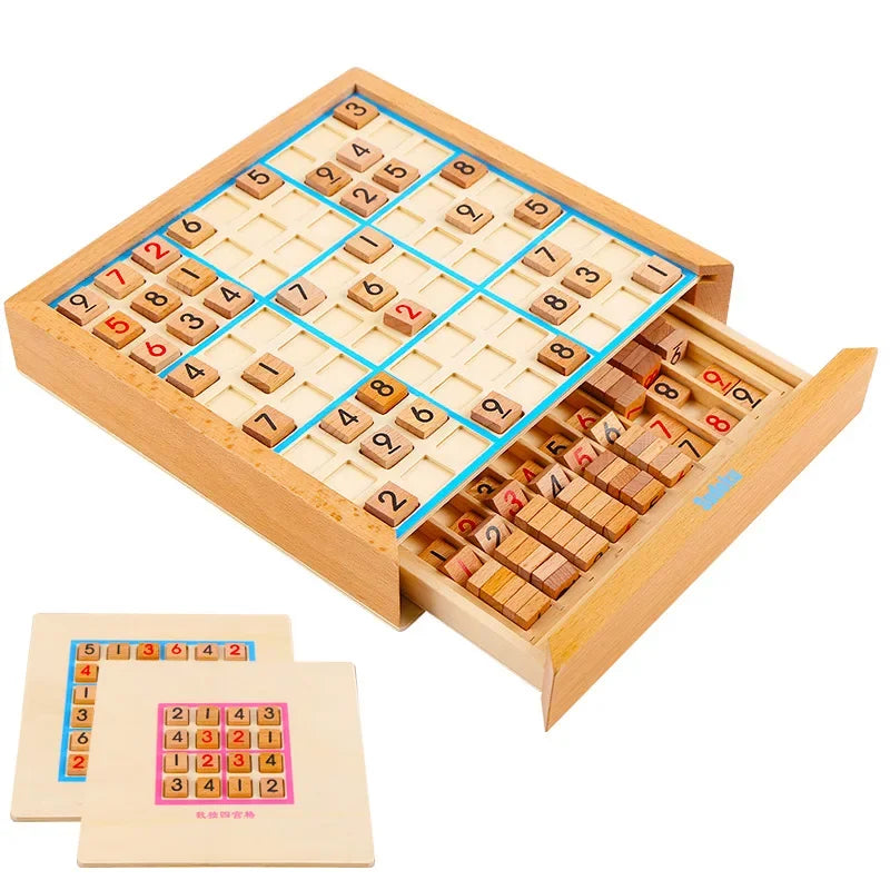 Wooden Sudoku & Checkers Board Game – Folding Beech Chess Set, Educational Puzzle & Learning Toy Gift for Kids