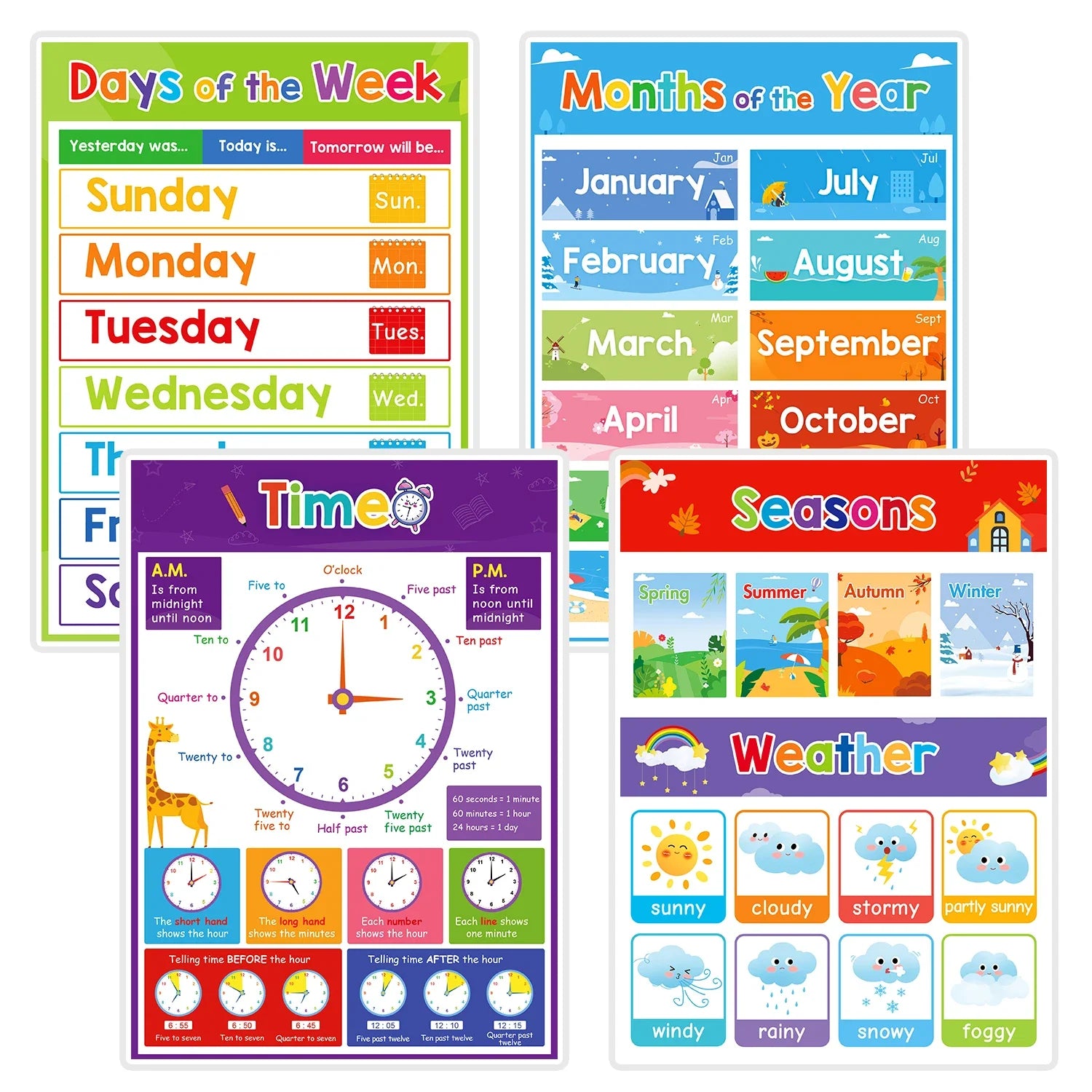 Kids Learning English Posters – A4 Educational Charts with Numbers, Letters, Fruits, Colors, Animals & Body Parts