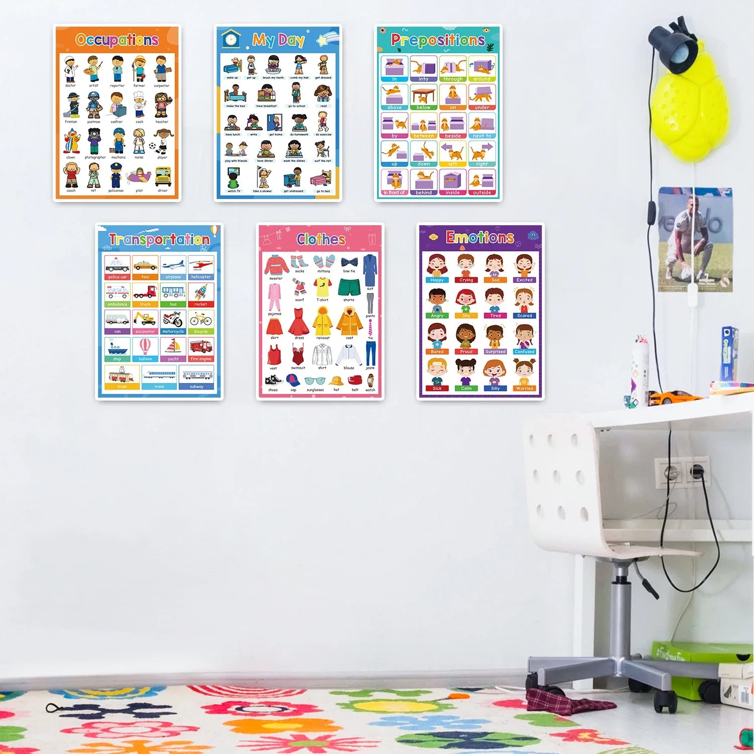 Kids Learning English Posters – A4 Educational Charts with Numbers, Letters, Fruits, Colors, Animals & Body Parts