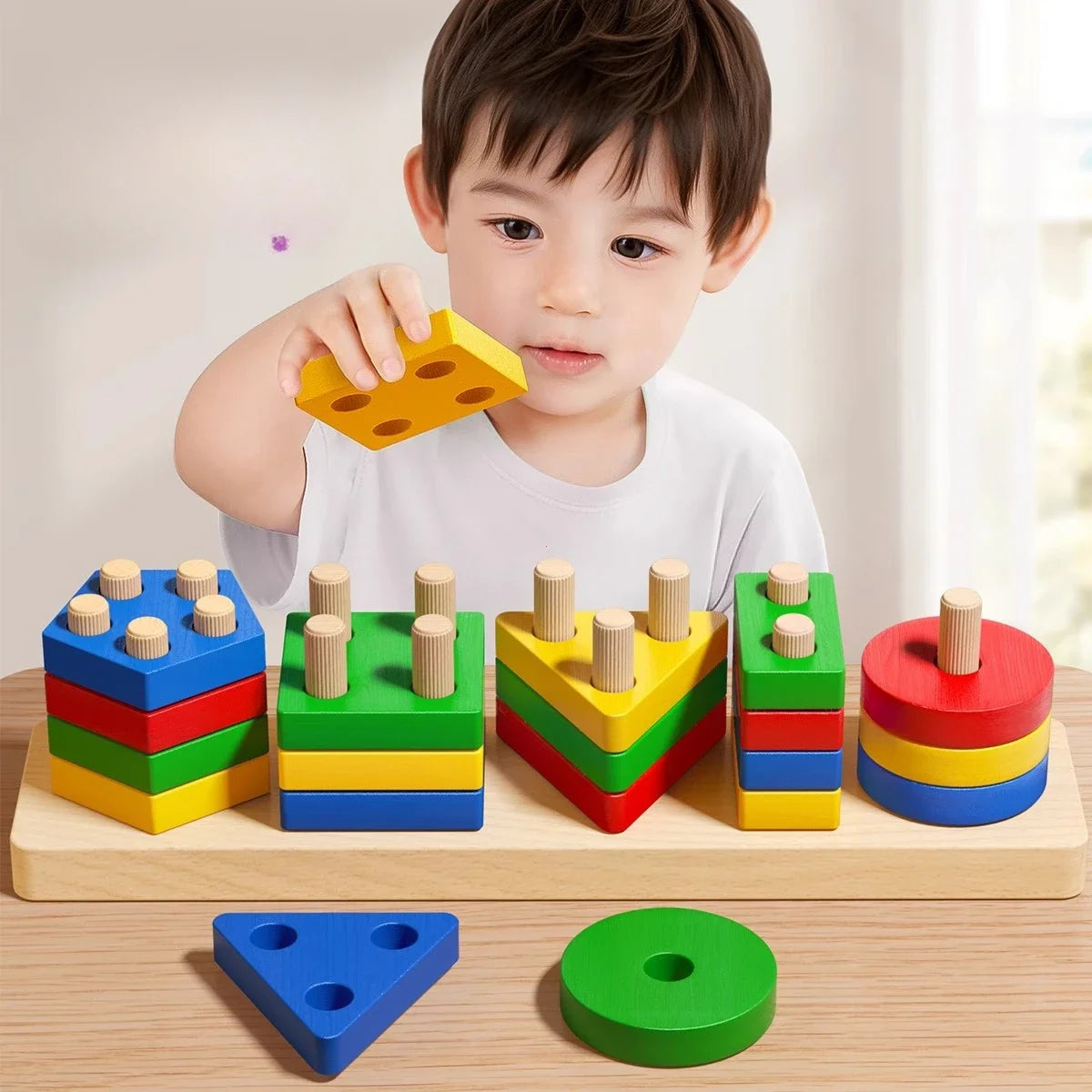 Montessori Wooden Sorting & Stacking Puzzle – Educational Toy for Toddlers