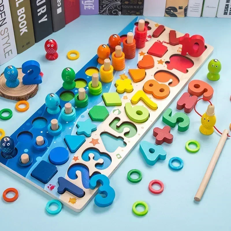 Montessori Toys Wooden Number Puzzle Sorting For Toddlers Shape Sorter Counting Fishing Game Educational Math Stacking Block