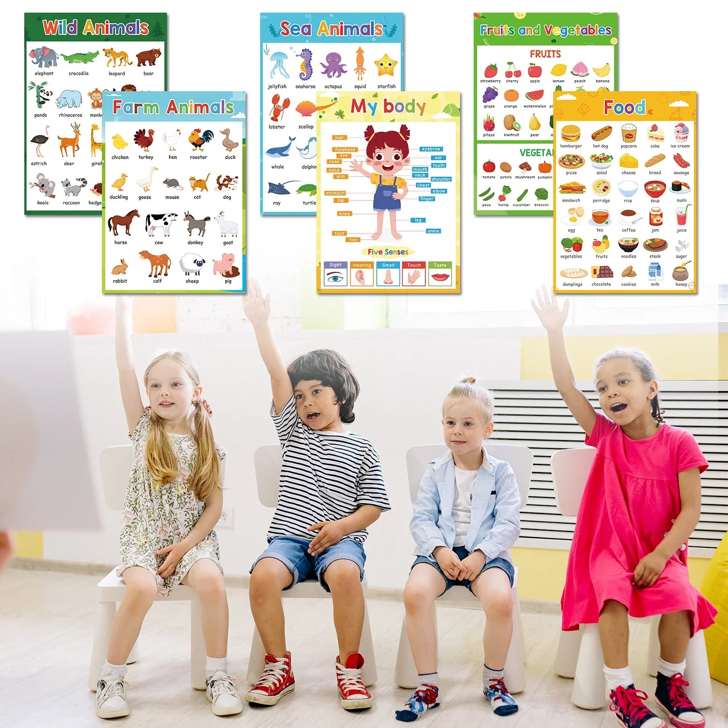 Kids Learning English Posters – A4 Educational Charts with Numbers, Letters, Fruits, Colors, Animals & Body Parts