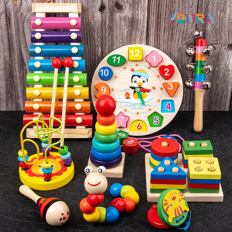 Wooden Montessori Musical Toy Set – Rattle, Bell, Drum & Column Instruments for Babies and Toddlers, Early Education Sensory Learning