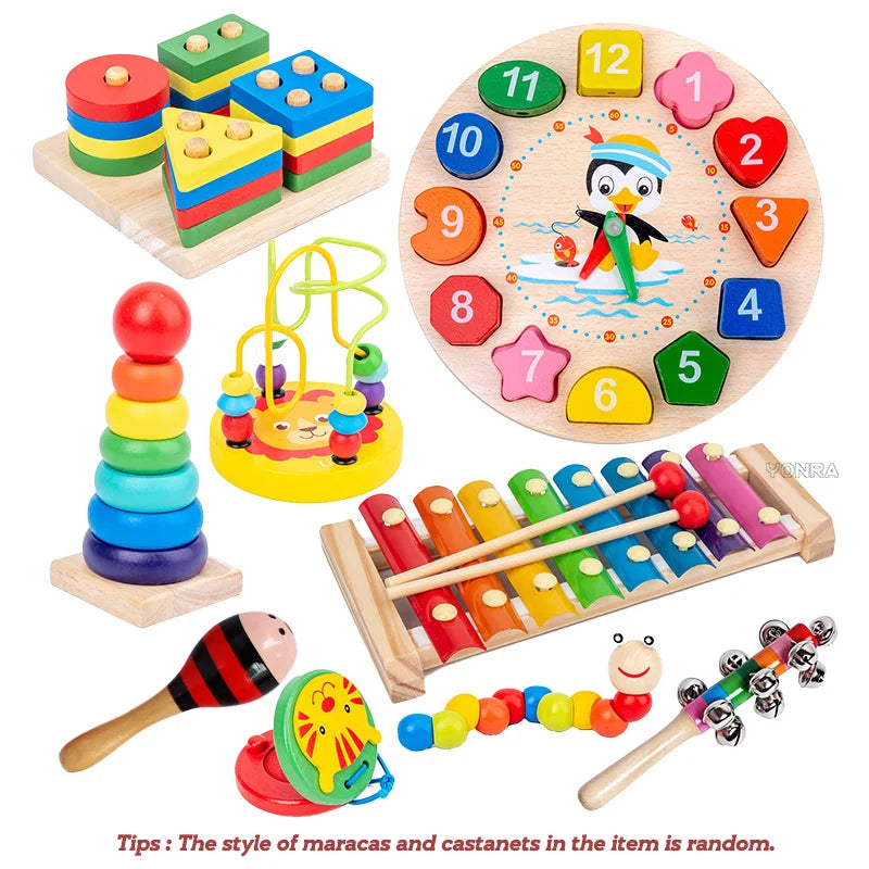 Wooden Montessori Musical Toy Set – Rattle, Bell, Drum & Column Instruments for Babies and Toddlers, Early Education Sensory Learning